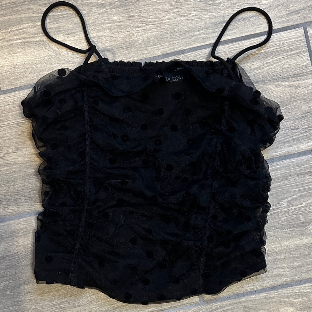 Cynthia Rowley Black Mesh Polka Dot Camisole blouse w/ Spaghetti Straps. Size S